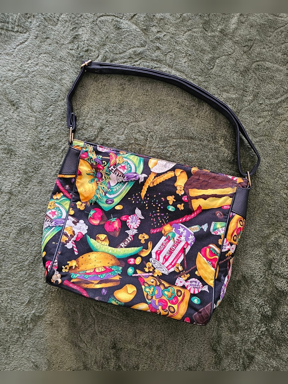 Whimsical Junk Food Novelty Crossbody Bag Black Handbag 90s Y2K Fast Food Candy